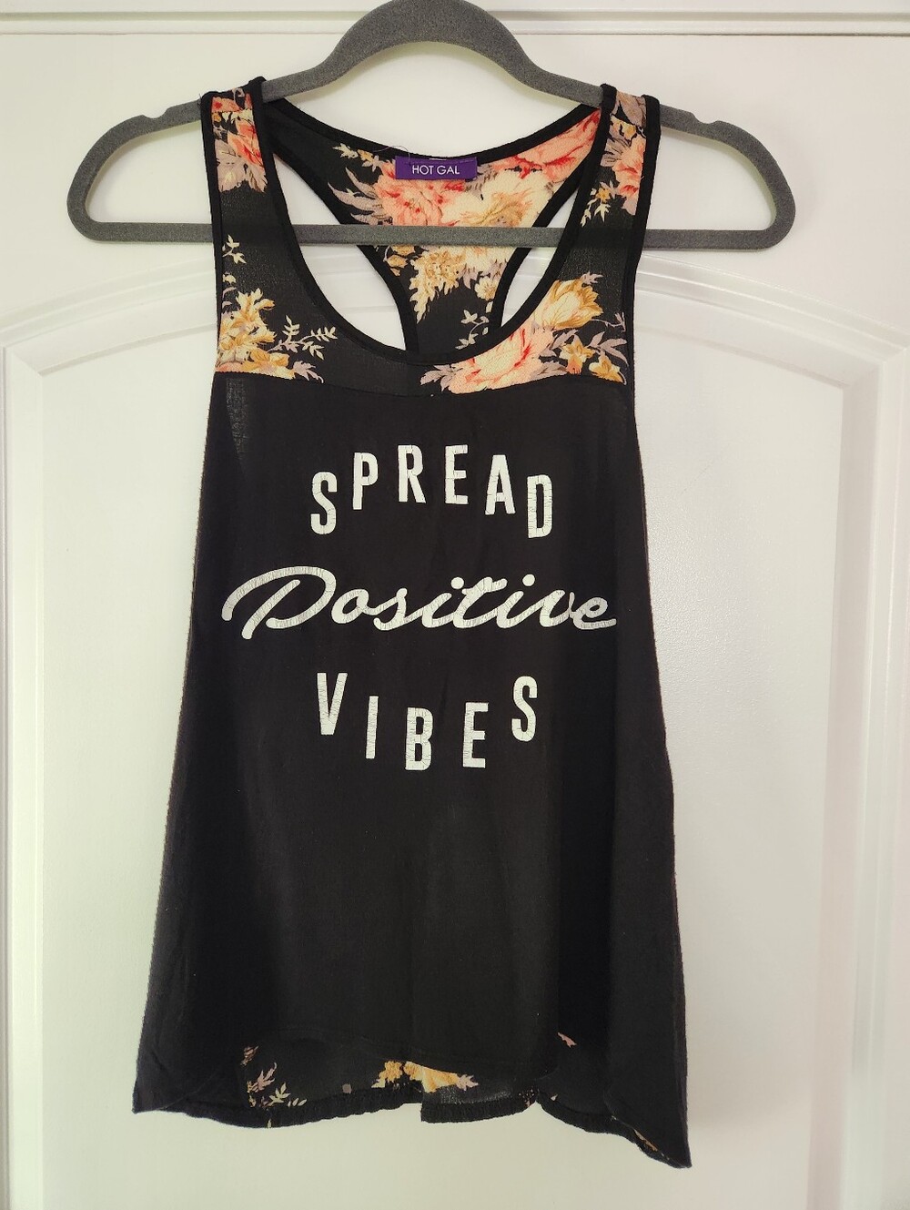 Hot Gal Black Floral-Trim 'Spread Positive Vibes' Racerback Tank Size M